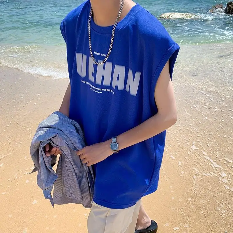 

High Street Youth Print Letter Tank Tops Men's Summer New Sleeveless Plus Size Loose Korean T Shirts Casual Fashion Men Clothing