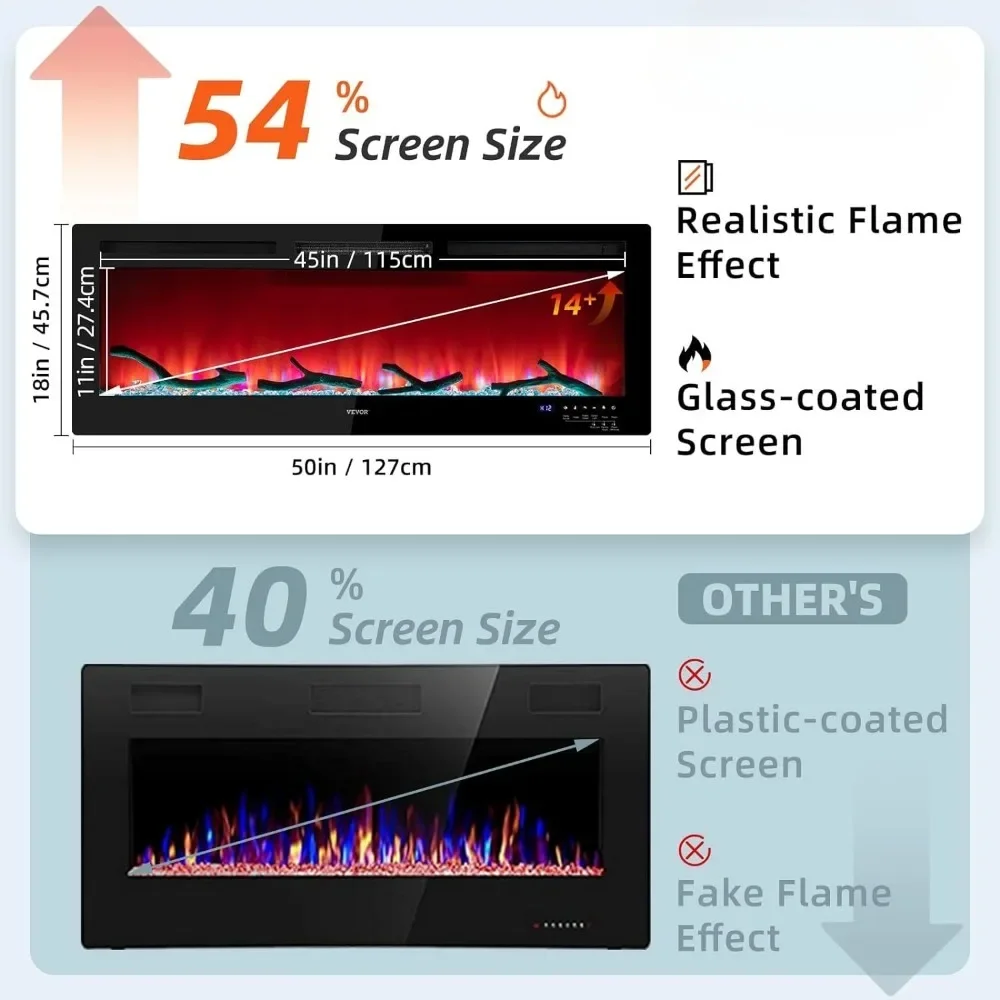 Электрический камин, 50-дюймовый встраиваемый и настенный, регулируемые цвета пламени и скорость с дистанционным управлением и таймером, черный