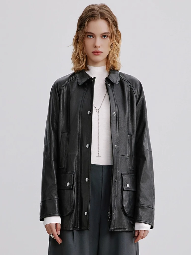 Chaquetas tipo Cargo Vintage ajustadas de cuero genuino para mujer primavera otoño 2025 abrigo de piel de oveja auténtica negro suave clásico Simple de gama alta