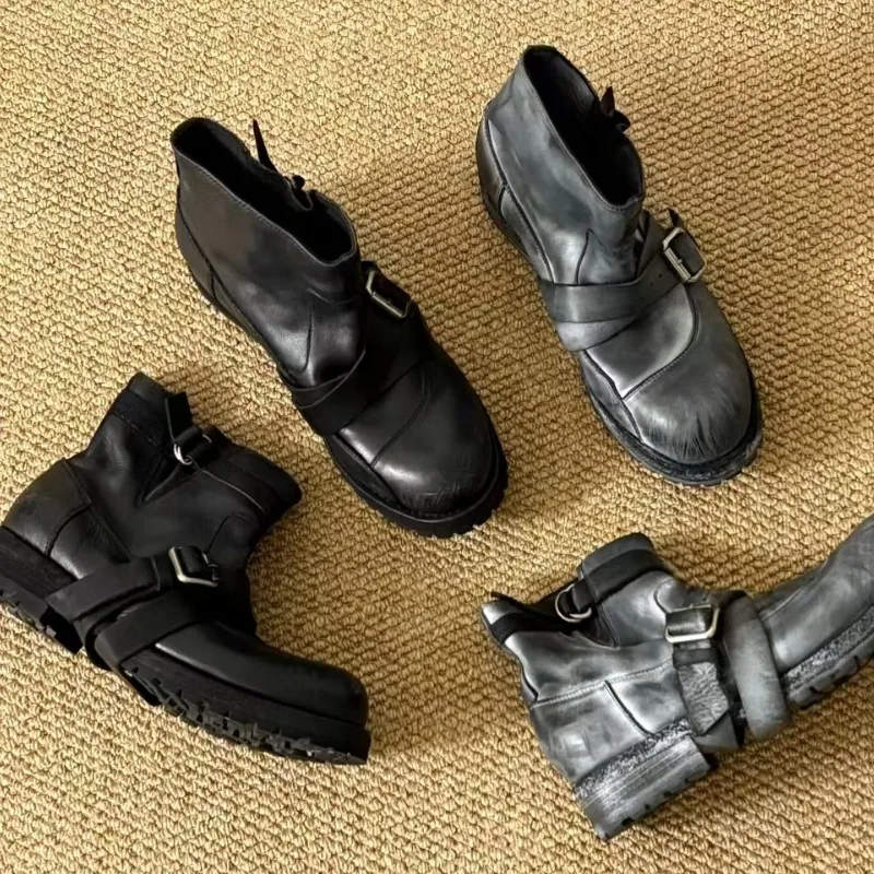 Retro Motorcycle Chelsea Boots Men's Women's New Style Waterproof Round Toe Boot with Thick Heels and Thick Soles Engineer Shoes