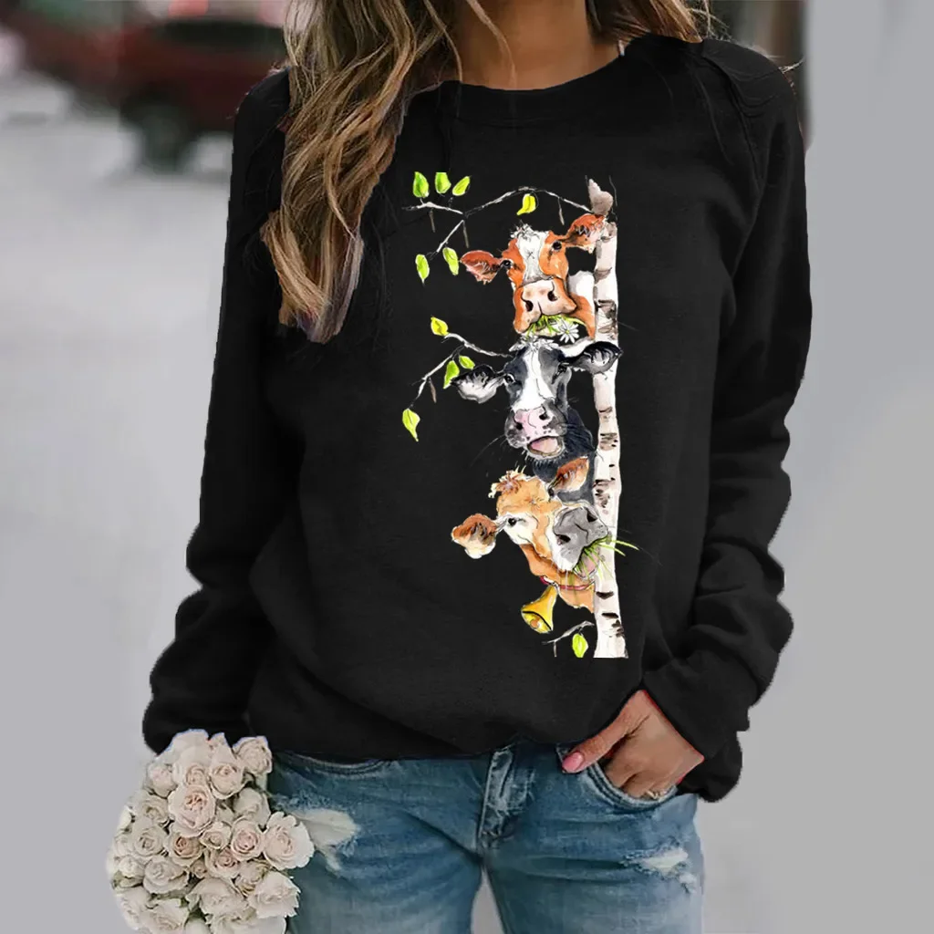 

European and American Cow Pattern Printed Long Sleeve Crew-neck Hoodie Women's Wear Clothes Aesthetic Streetwear Women