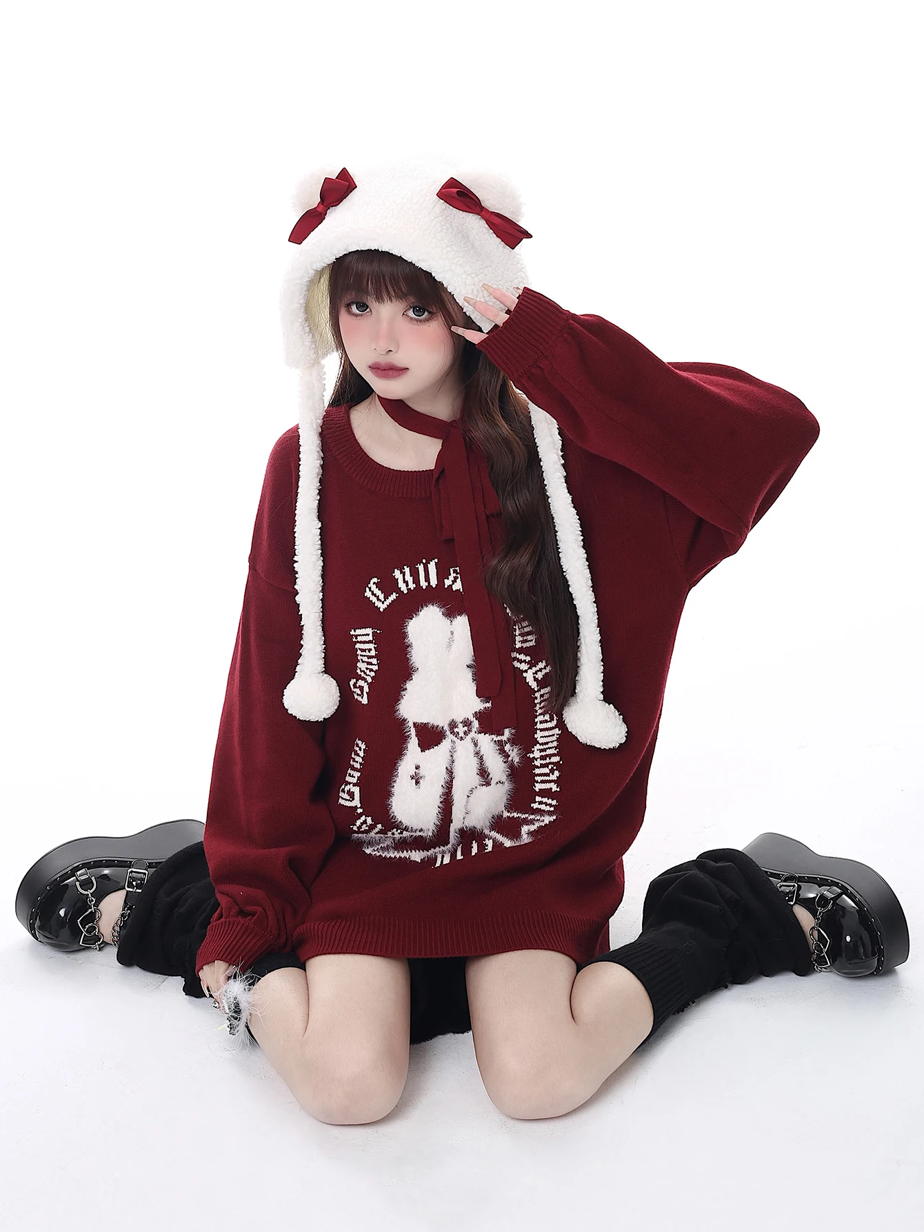 REDDACHiC Bunny Christmas Sweater Pullover Lantern Sleeves Casual Oversized Top