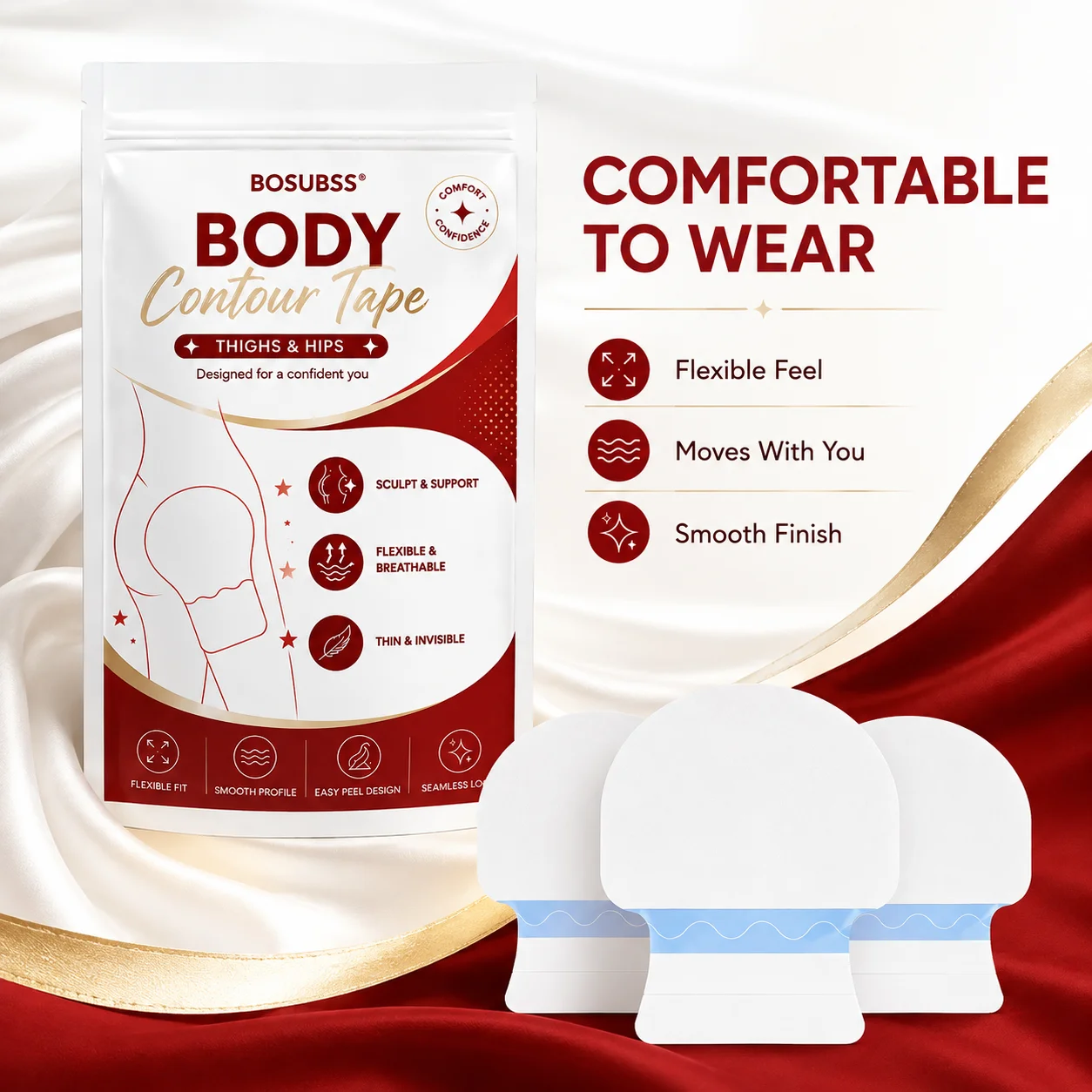 3PCS Body Beauty Tape for Hips & Thighs, Soft Flexible Breathable Adhesive Patches, Thin Smooth Fit, Easy Peel, Comfortable Da