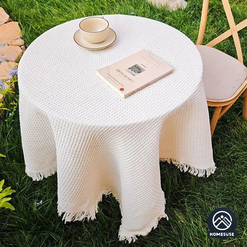 French Tablecloth Japanese Pastoral White Tablecloth Coffee Table Cloth Bedside Table Retro Tassel Round Table Tablecloth
