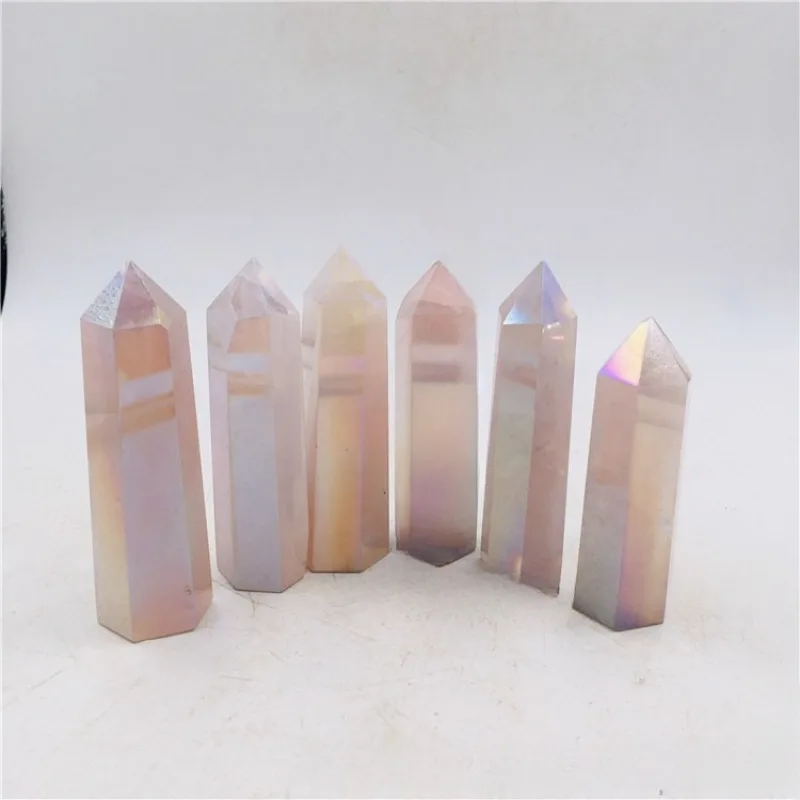 

Natural crystal powder crystal plated color single pointed column hexagonal prism crystal energy column ornament