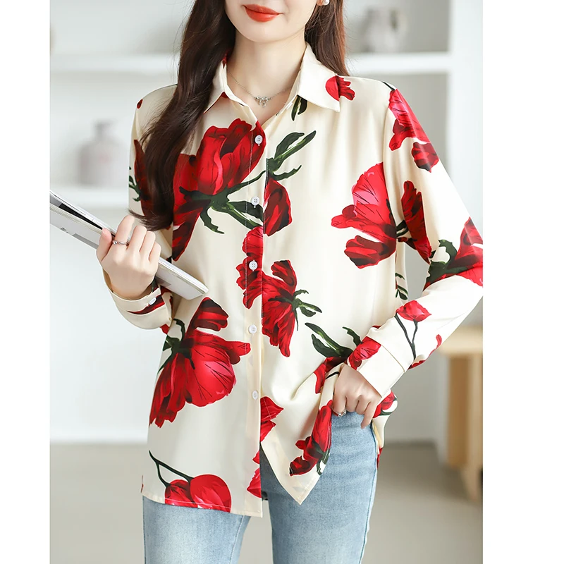 2025 Moda elegante manica lunga colletto rovesciato camicia da donna stampa camicia in chiffon camicetta donna top Camisas De Mujer Blusas N420