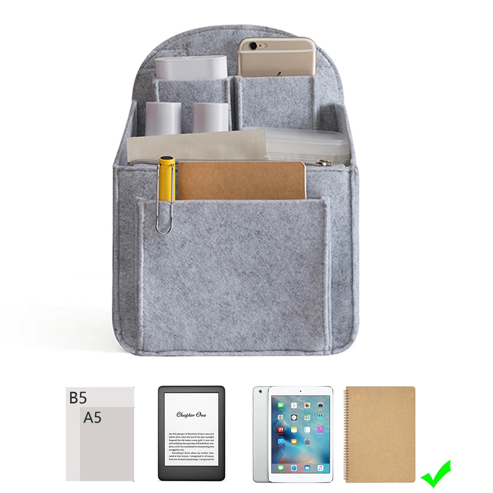 Make Up Organizer Felt Insert Bag Backpack Multi-Pocket Organizer Insert Makeup Cosmetic Case Tote Handbag Travel Inner Purse