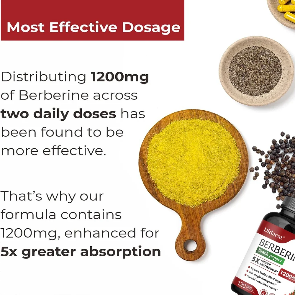 Berberine Supplement - 5X More Absorbed, Weight Management, Blood Sugar, Antioxidant Activity - Non-GMO, Vegetarian Capsules