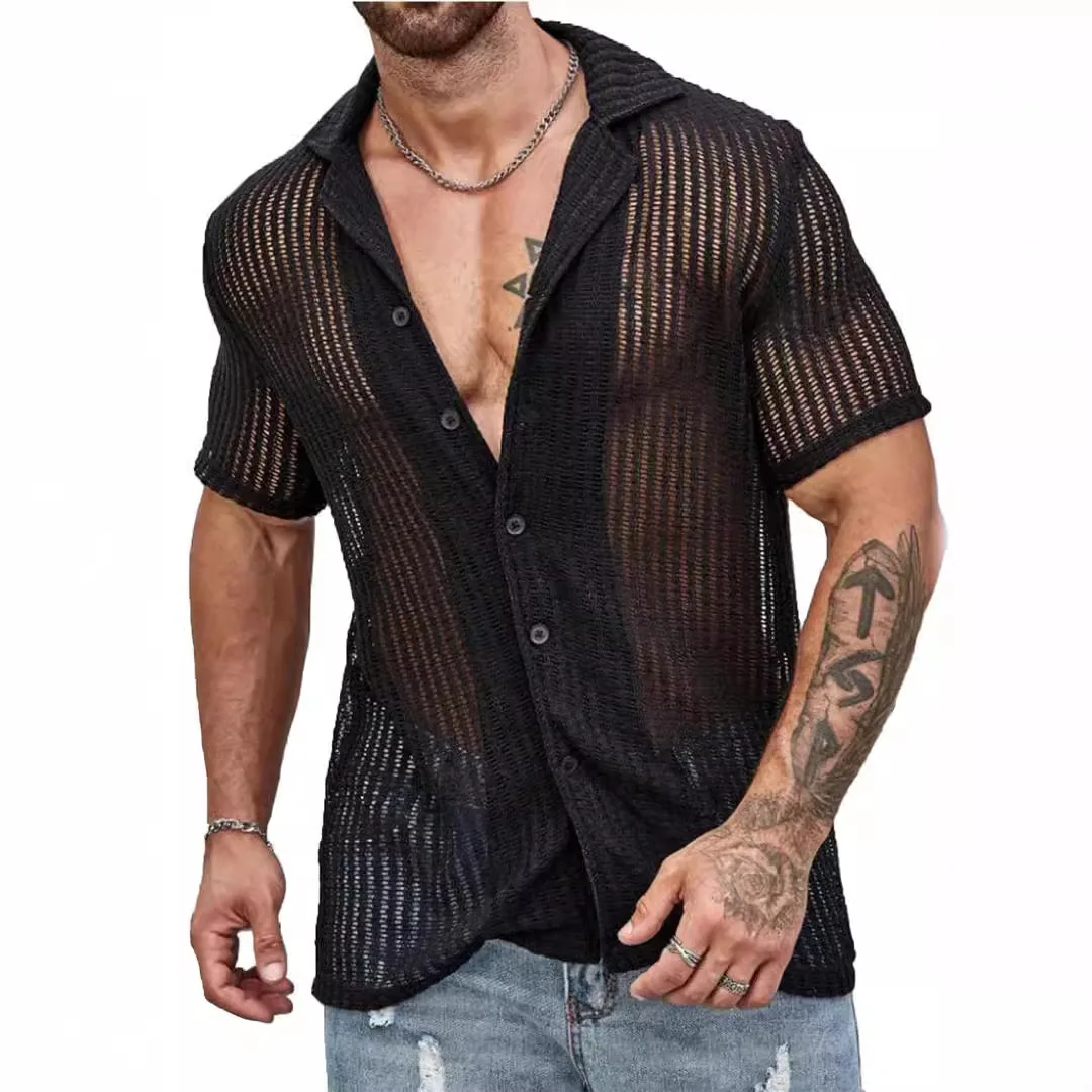 Camisa transparente oca para homens, manga curta lapela, streetwear monocromático, roupas da moda, 2024