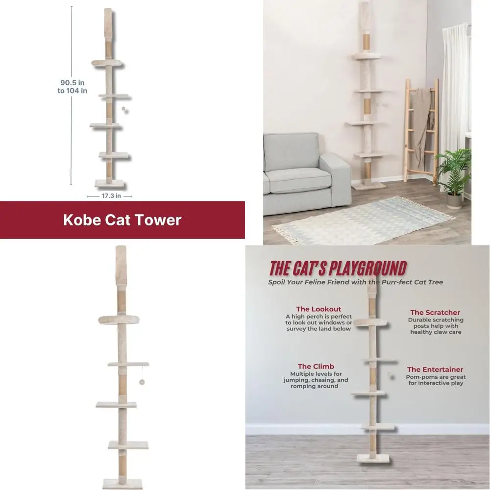 

Высокая кошачья лежанка-башня с сизалевыми столбиками, домиком и площадкой для отдыха для лазания и когтеточки в помещении - бежевая, 98 x 173 x 905