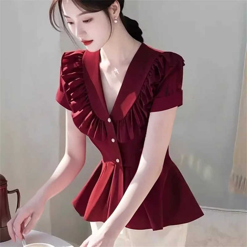 

Shirt Women Unique And Beautiful Blouse Female 2025 Summer High-Grade Super Nice Waist Blue Ruffled Short-Sleeved Shirt