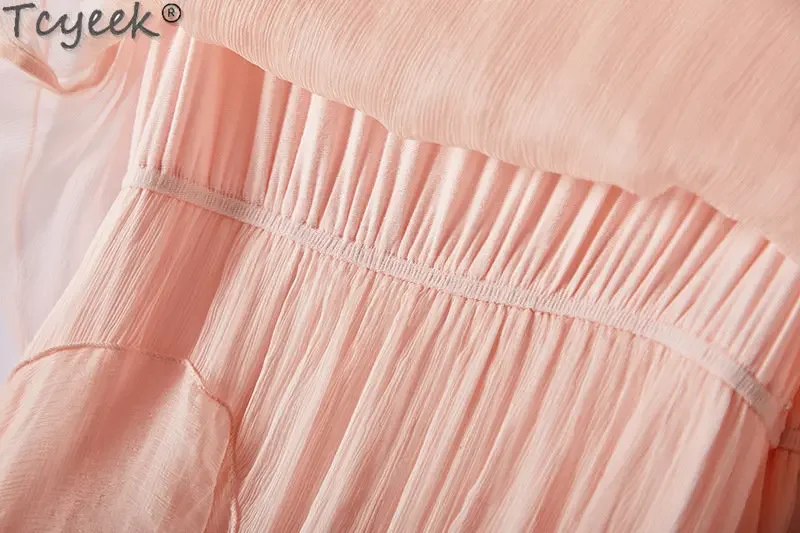 فستان متوسط الطول أنيق للنساء ، حرير التوت ، ملابس غير رسمية ، الموضة ، الصيف ، 23