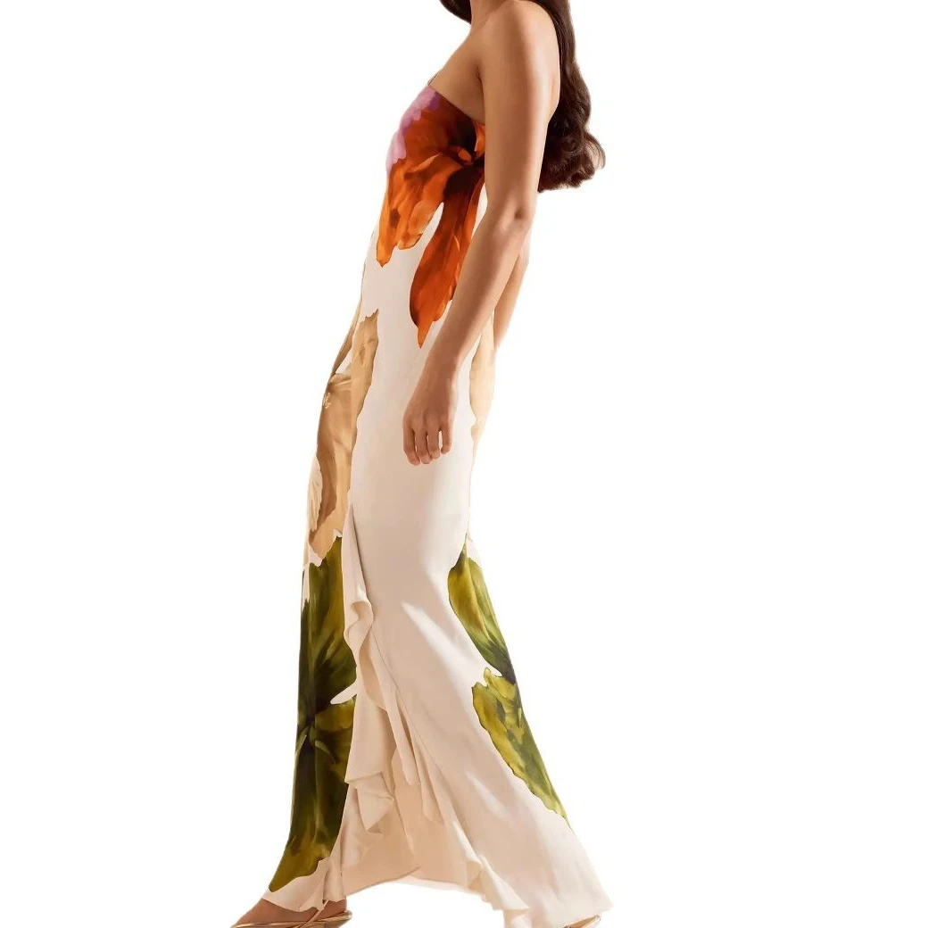 Nuova collezione Abito estivo da donna slim fit lungo a canotta senza maniche con stampa floreale Abiti da spiaggia aperti sul retro con una spalla