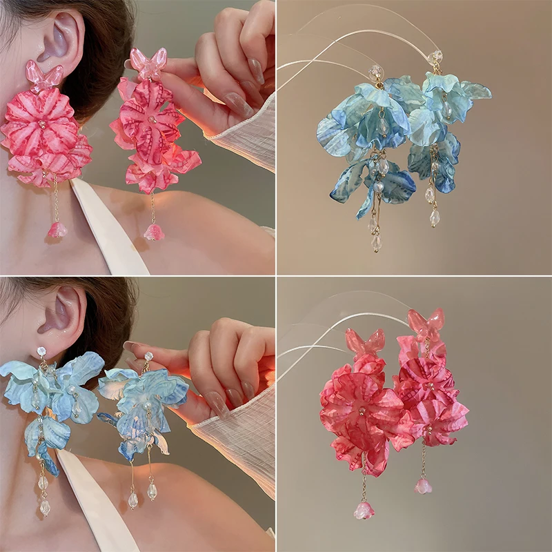 

Sweet Fabric Flower Drop Earrings for Women Bohemian Imitation Pearl Crystal Tassel Earring Summer Vacation Ear Jewelry Travel