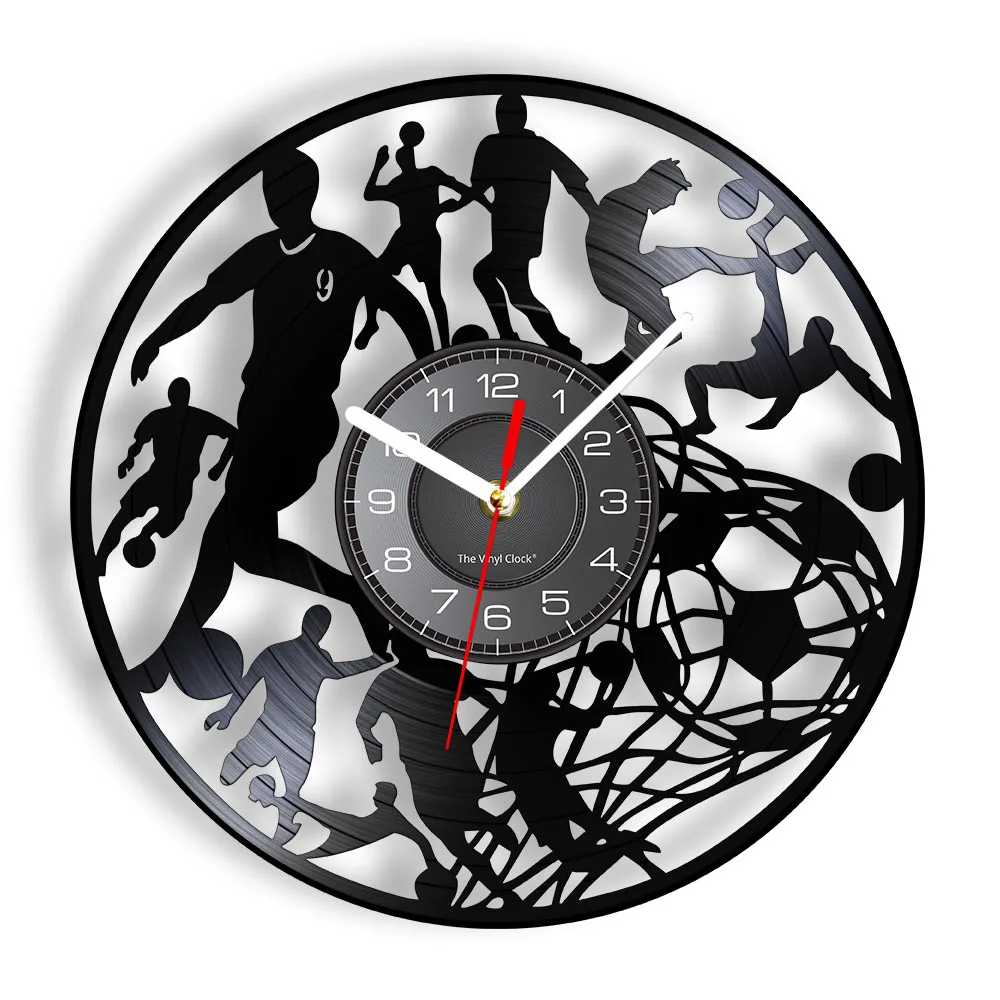 Soccer Wall Clock Football Players Kick Ball Net Goal Futball Field Ball Team Sport School College Kids Game Vinyl Record Clock