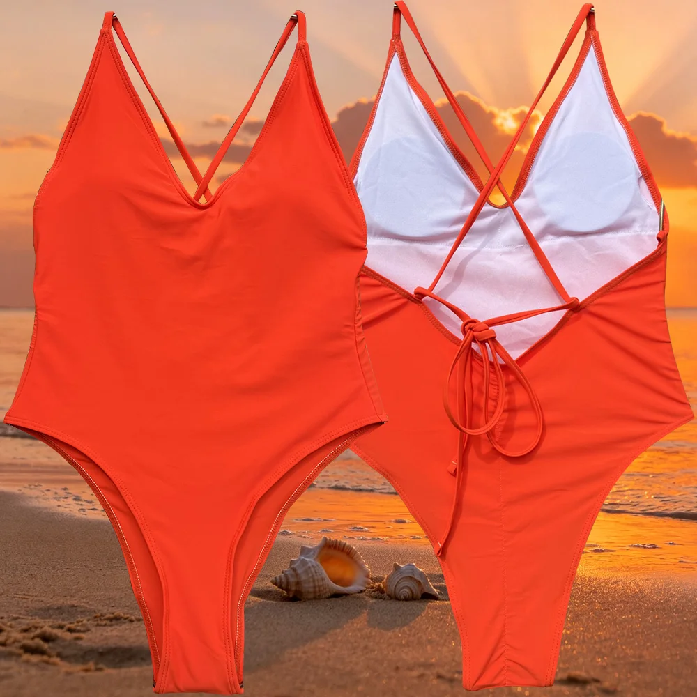 Neuer sexy Riemchen-Badeanzug, einteilig, in gebranntem Orange, Gelb und Schwarz, Damen-Badebekleidung, einfarbig, Badeanzug, Schwimmanzug, Strandbekleidung.