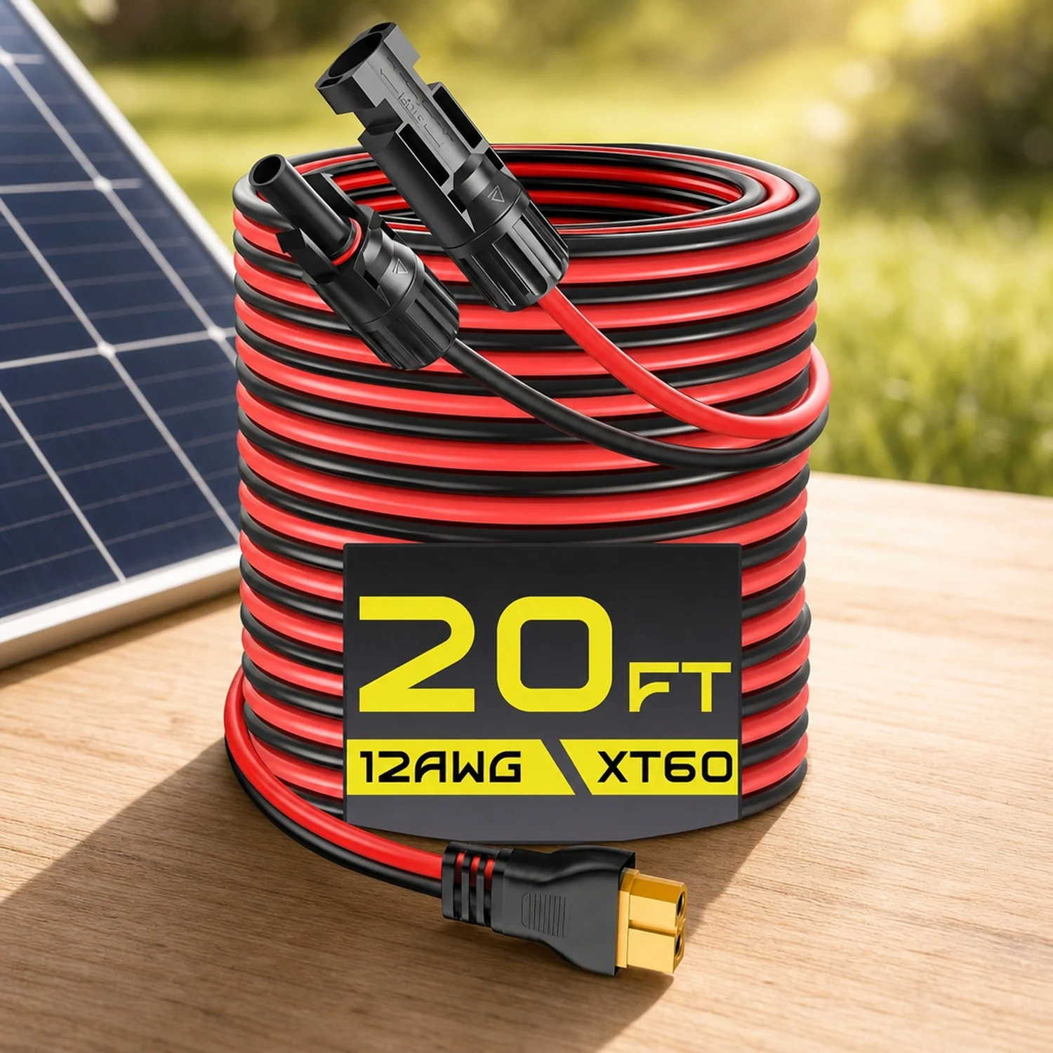 20FT 12AWG XT60 Solar Charging Cable, Solar Panel Connector to XT60 Extension Charge Adapter Cable with Caps & Wire Ties
