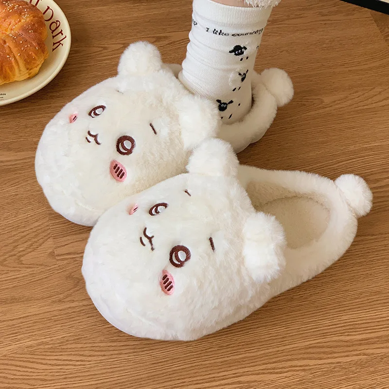 Chiikawa Cotton Autumn Winter Slippers Female Wear Outside Anti-Slip Thick Sole Home Indoor Include Heel Keep Warm Cotton Shoes