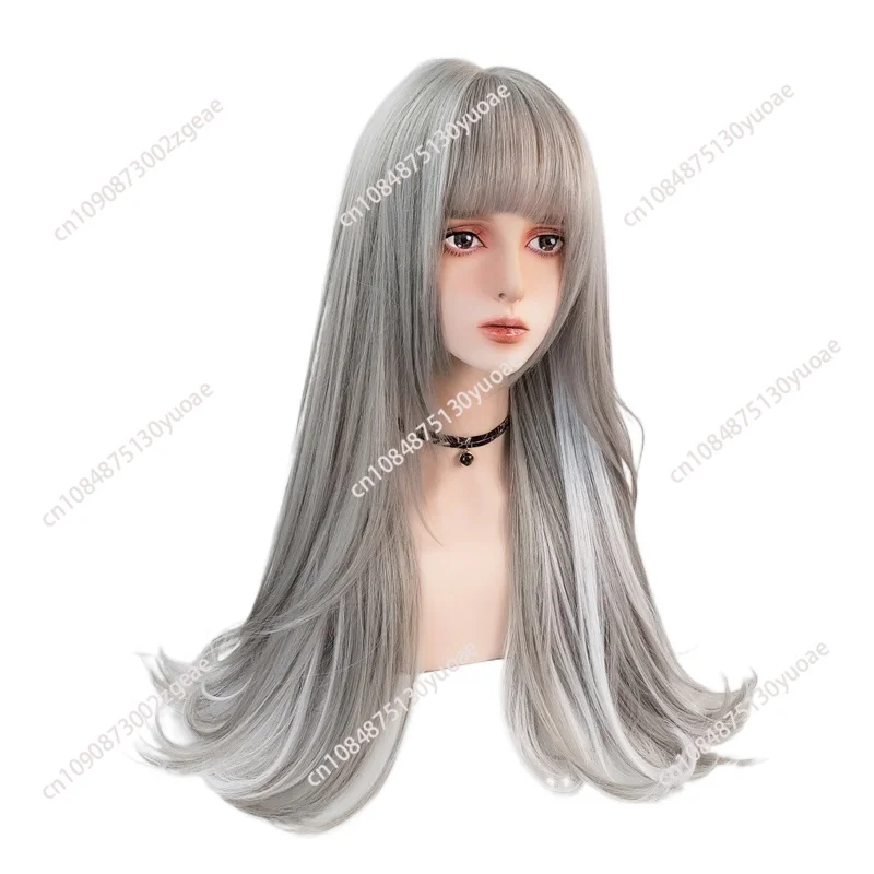 Women's Head Cover Long Curly Wig, Gray Highlights, Comic Air Bangs, Full Hair Cover