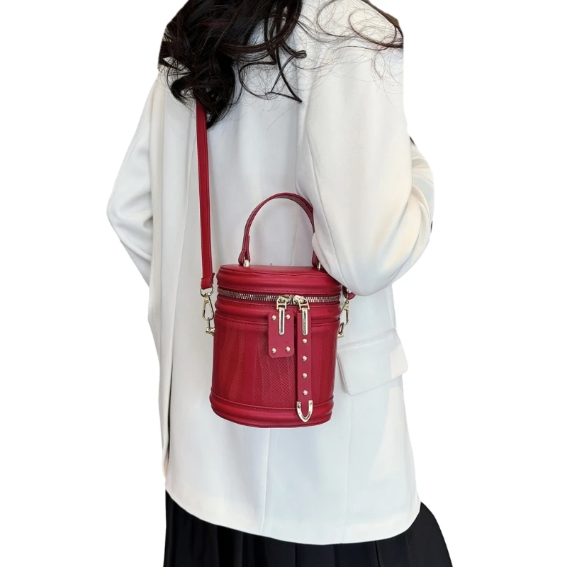 Women PU Leather Crossbody Round Bucket Bag with Double Metal Zipper Top Handle