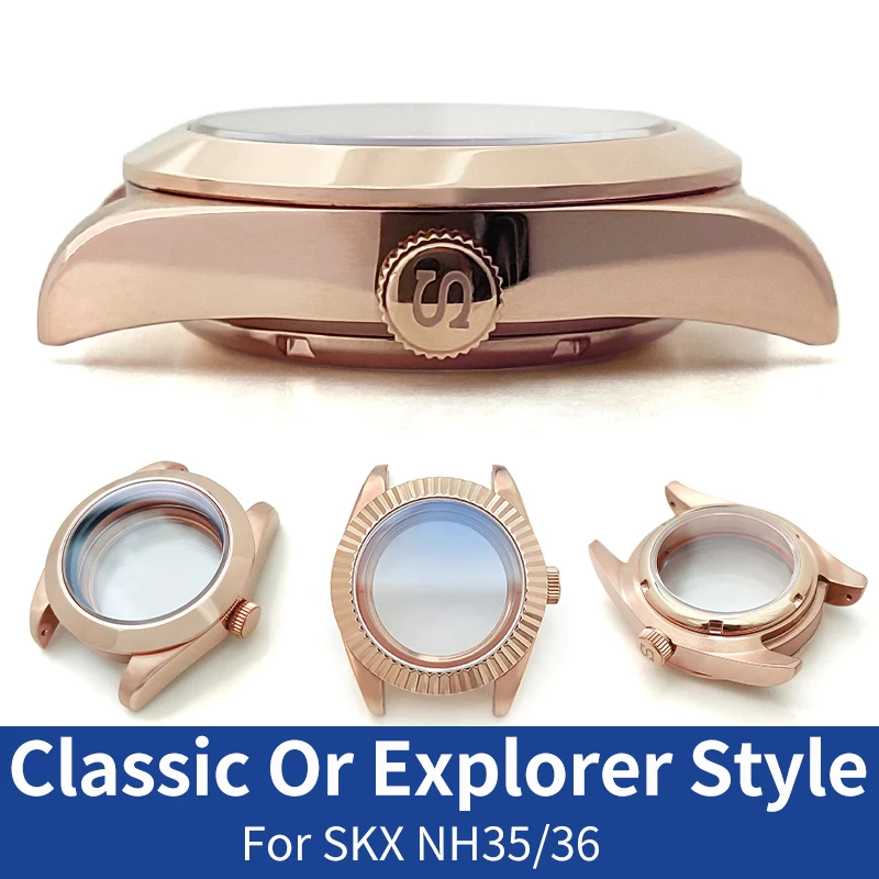 Классический корпус часов Explorer, розовое золото для SKX SKX007 NH35 NH36 4R36, полированная сталь, стальные корпуса, MOD, запасные части для часов