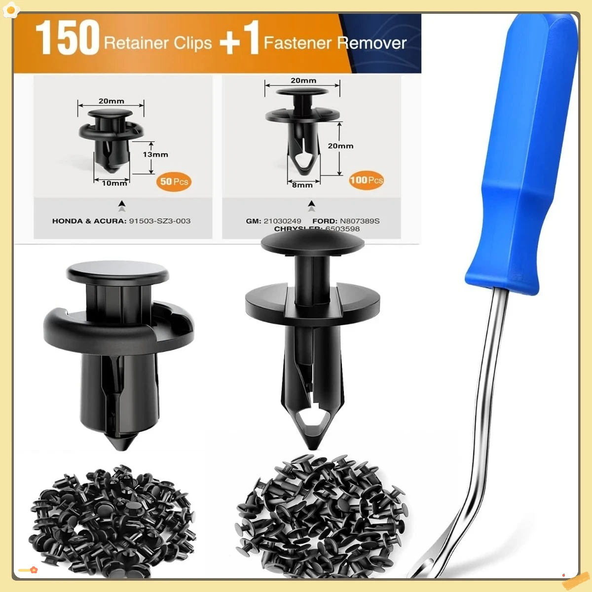 2-Size Bumper Clip Fasteners 150PCS, Push-Type Rivets with Tool for Auto Body Repair