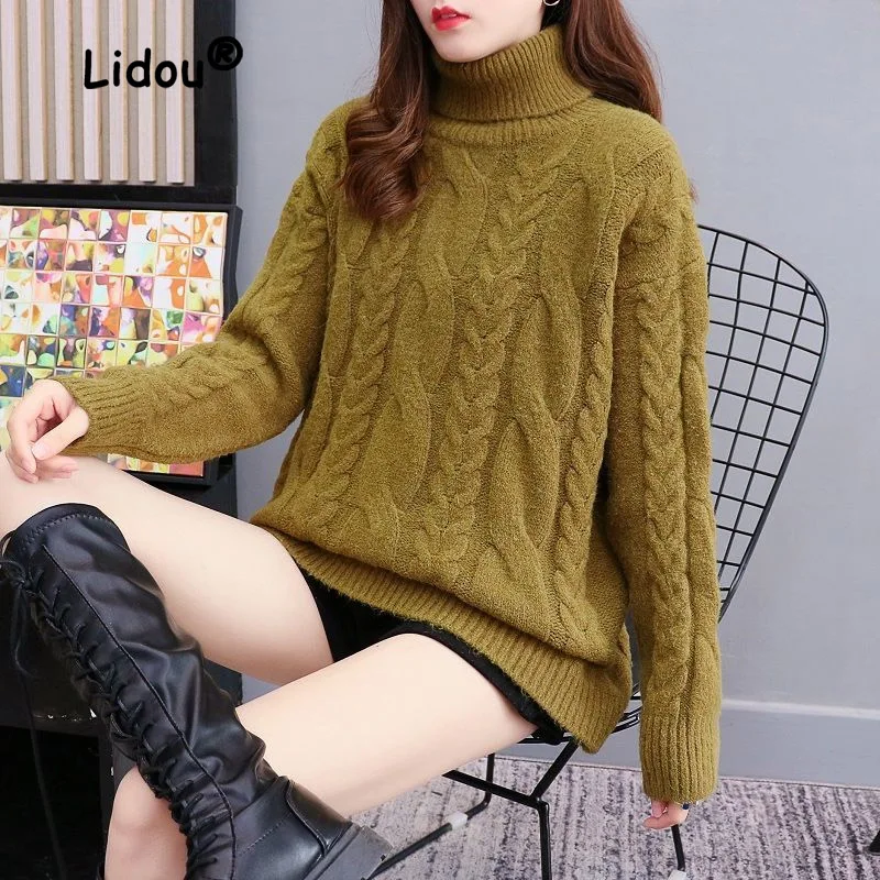 

Vintage Autumn Winter Fried Dough Twist Knitting Sweaters Women New High-quality Long Sleeve Plush and Thicken Turtleneck Top