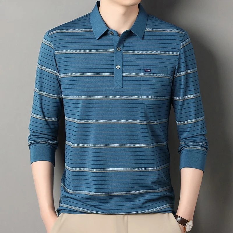 

Stripe Polo T Shirt for Men Social Polyester Cheap Clothes Korean Pullovers Luxury Casual Spring and Autumn Man Sweatshirt Blue