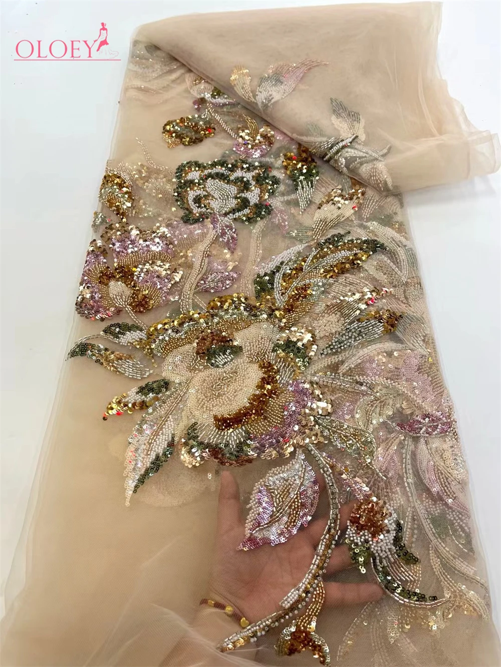 OLOEY Última Novedad en Venta, Tela de Encaje Africana de Moda, Encaje Bordado a Mano de Alta Calidad con Cuentas y Lentejuelas para Vestido de Fiesta o Boda