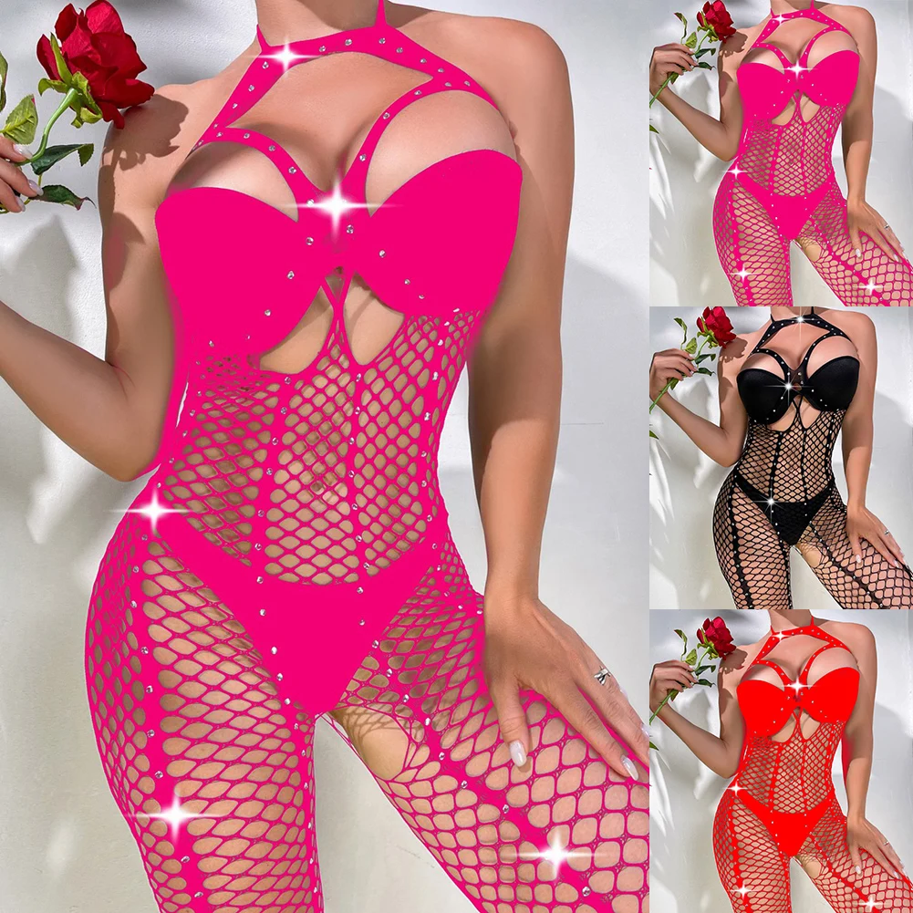 Lingerie estrelada brilhante sexy dos diamantes para senhoras, roupa líquida quente, bodysuit