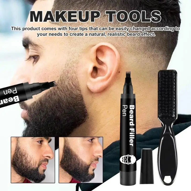 Lápiz de relleno de barba para hombres, pluma de relleno de barba para cabello con cuatro puntas, lápiz de barba impermeable, marcador de pelo para pintura de barba más gruesa