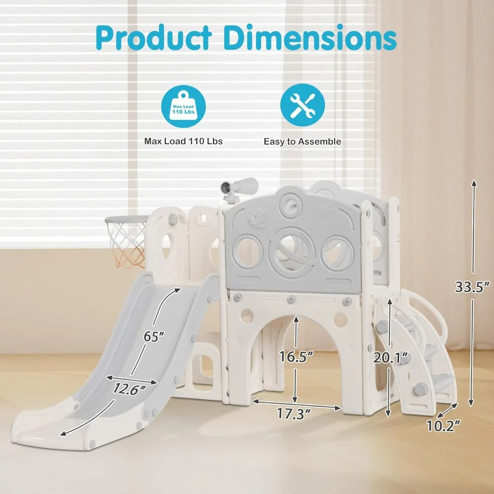 Tobogán todo en uno para niños pequeños con características de baloncesto, telescopio y escalada para juegos en interiores