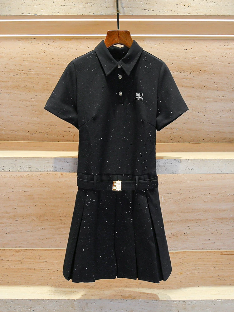 미움엠 하이웨이스트 스팽글 플립 칼라 벨티드 여성 가을 컬리지 스타일 A라인 스커트