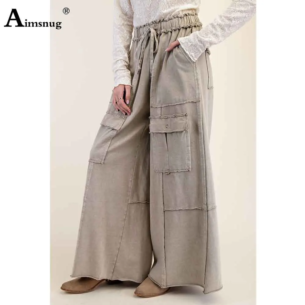 

Aimsnug 2025 женские модные широкие брюки однотонные цвета хаки розовые мешковатые брюки больших размеров женские повседневные брюки с карманами на шнурке новые