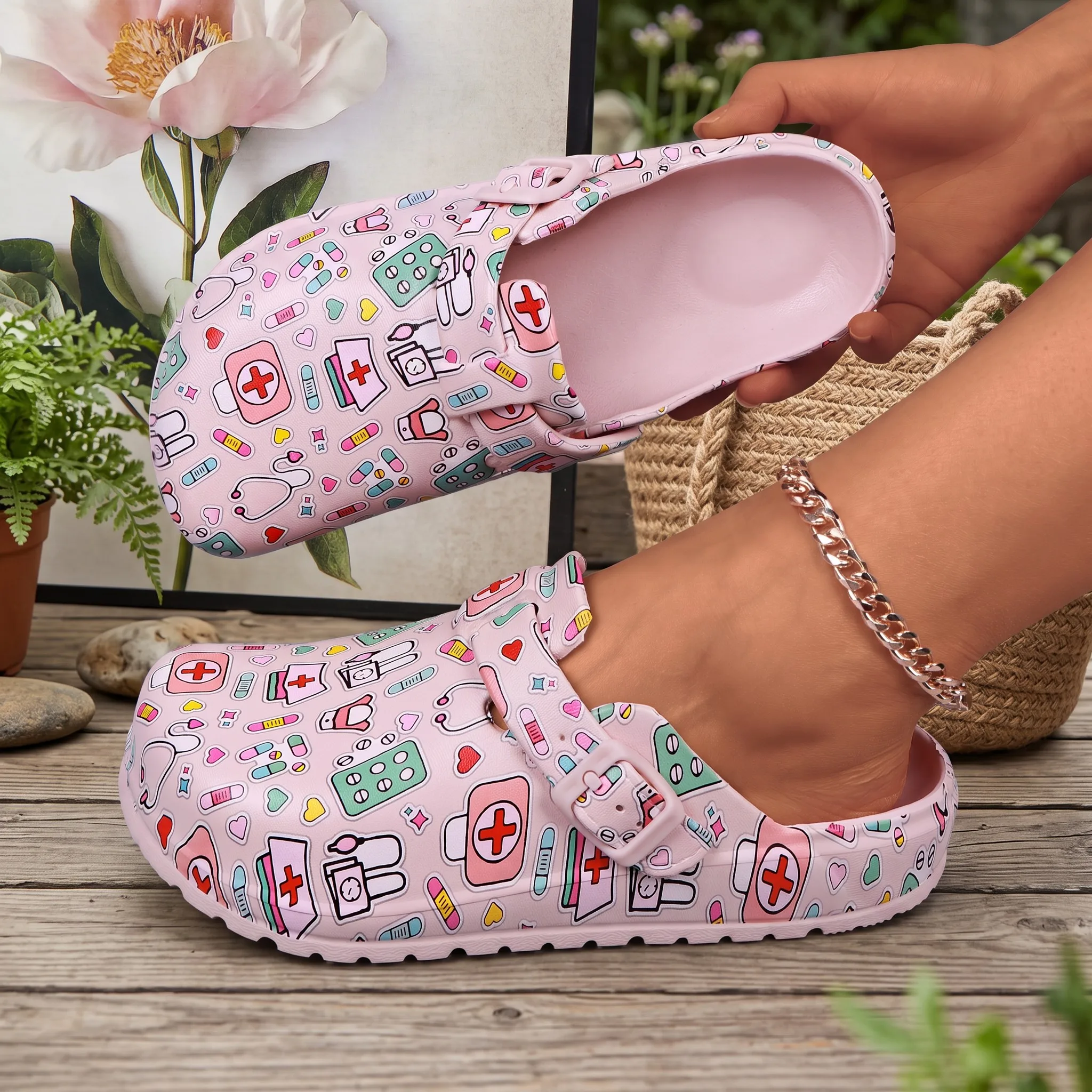 Women's Nursing Clogs Medical Print EVA Lightweight Closed Toe Hospital Clinic Healthcare Work Mules with Adjustable Buckle view 4