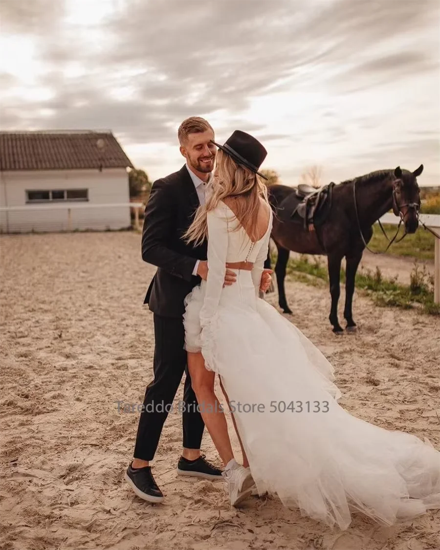 Customized  Two-Piece Bohemian Jersey Wedding Dress Long Sleeves Dropped Waistline Ruffled Tulle Exquisite Casual Bridal Dress