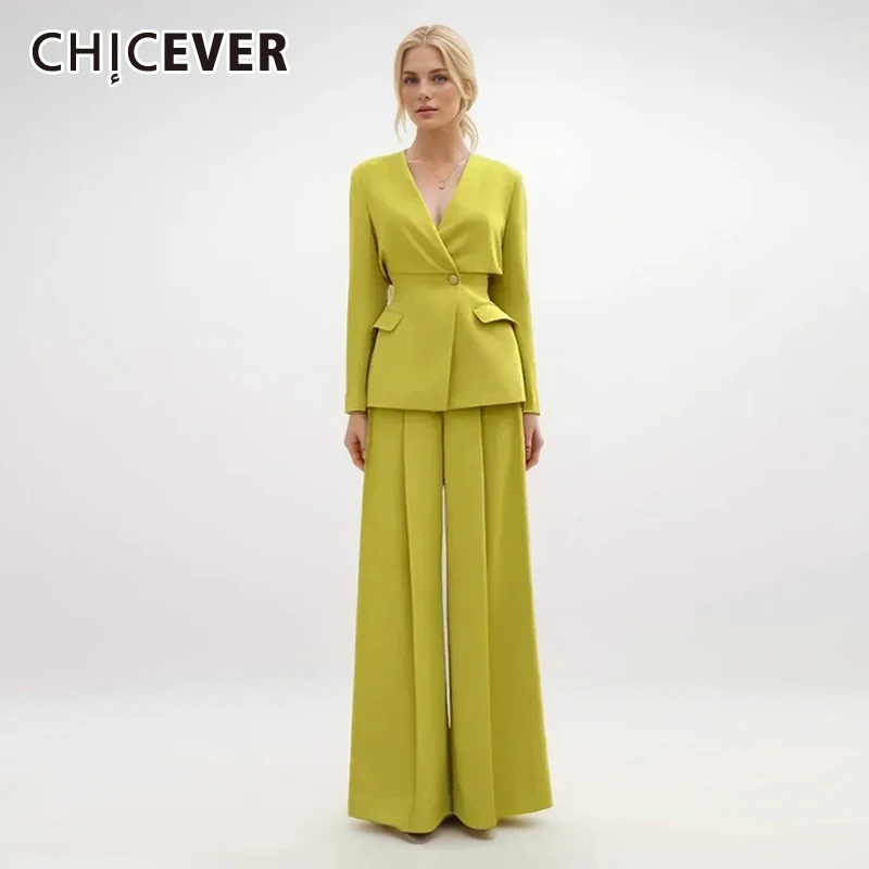 CHICEVER Casual Two Piece Sets For Women V Neck Long Sleeve Spliced Button Blazers High Waist Wide Leg Pants Slimming Set Female