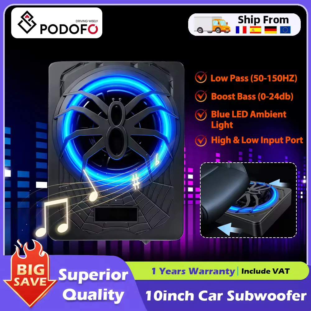Subwoofer de voiture Podofo 10 pouces fin à installer sous le siège, 1200W, éclairage LED bleu ambiant intégré, amplificateur intégré, avec câble d'installation