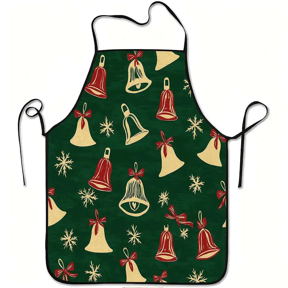1pc Christmas Bells & Snowflakes Print Apron with Jingle Bells - Adjustable Waistband, Durable Easy-Clean Polyester Suitable for