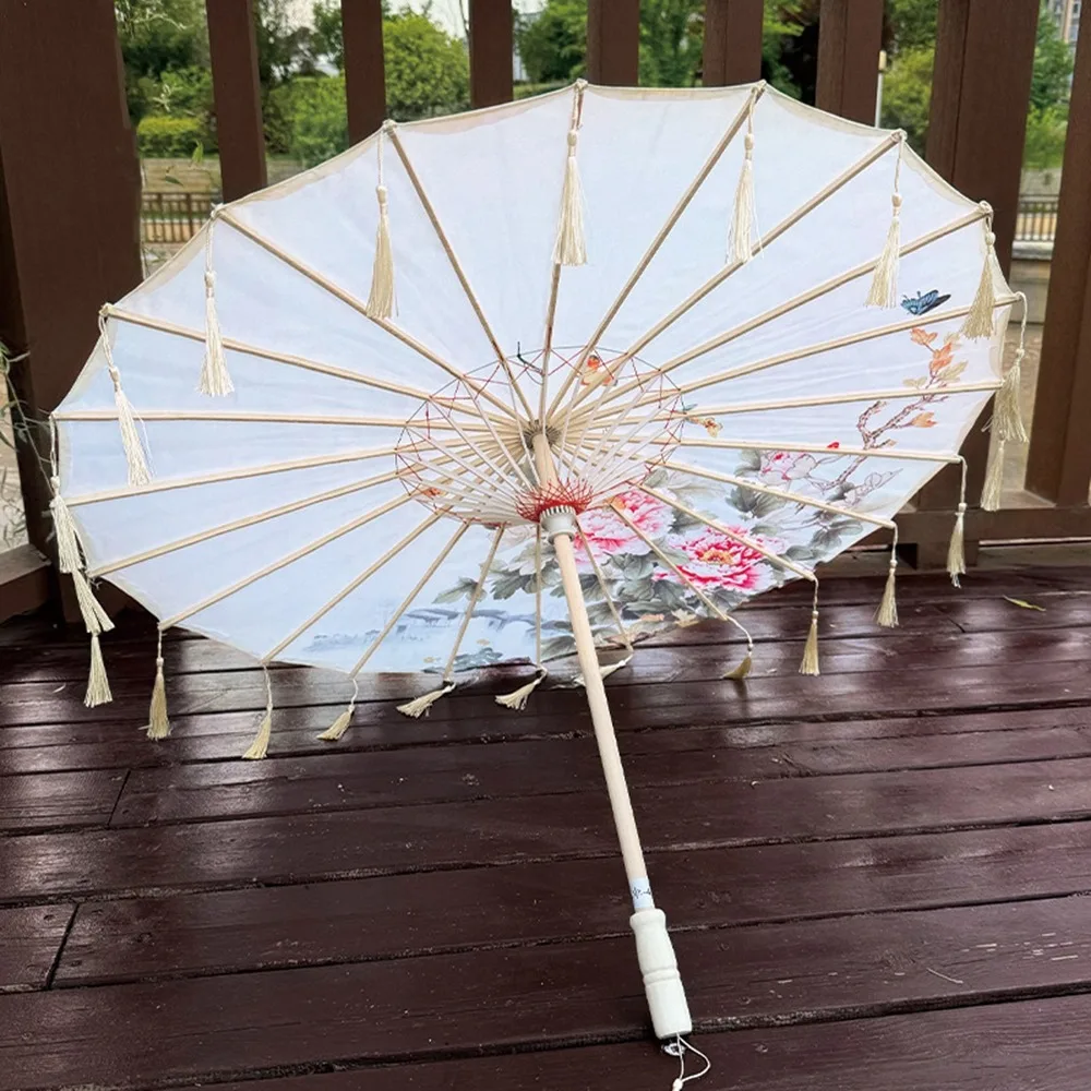 

70cm Silk Fabric Tassel Umbrella Chinese Style Rainproof Ancient Dance Umbrella Decorative Handheld Classical Oil Paper Umbrella
