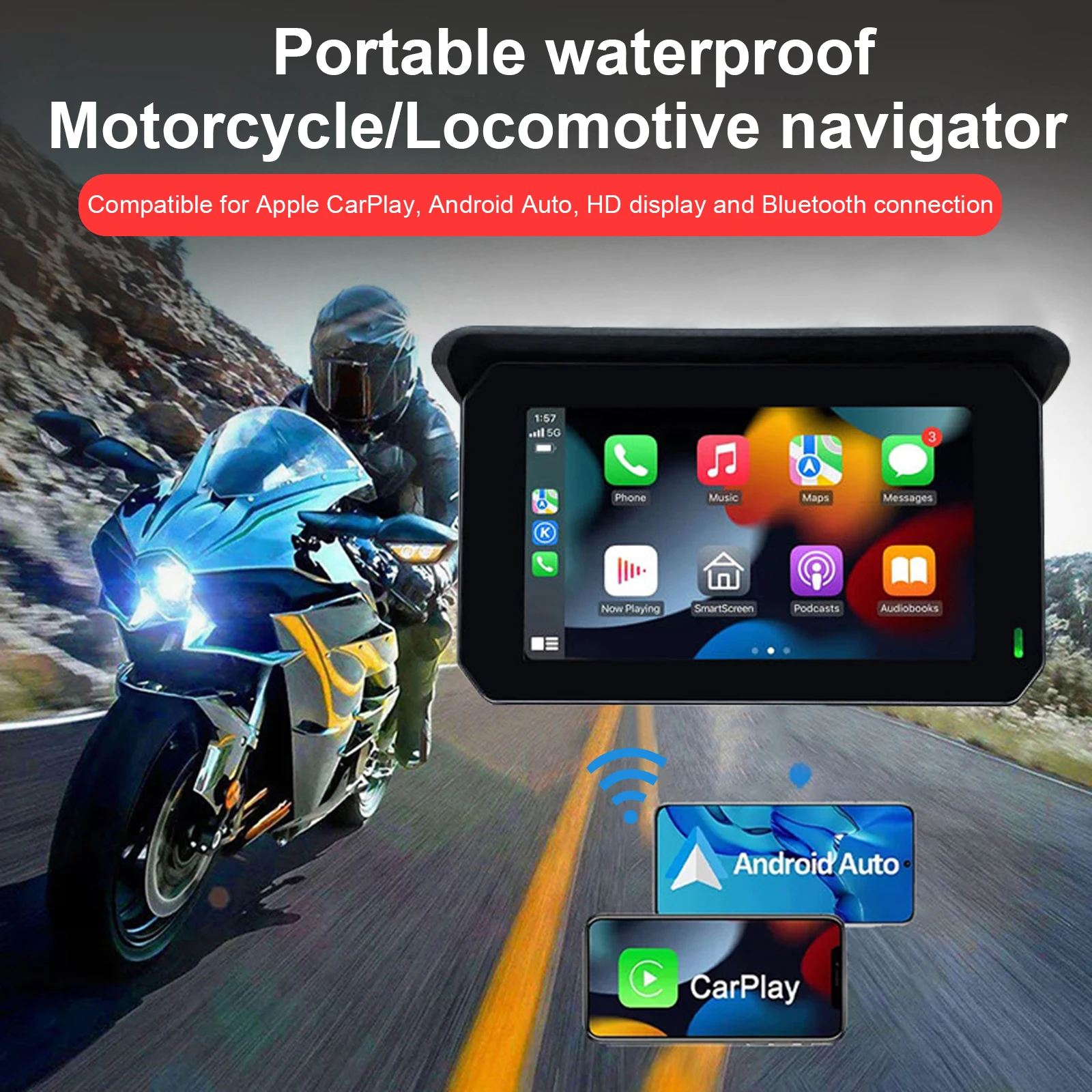 5Inch Touch Screen Motorcycle GPS Navigator Wireless Apple CarPlay Android Auto Front Rear Recorder Camera GPS Carplay Display