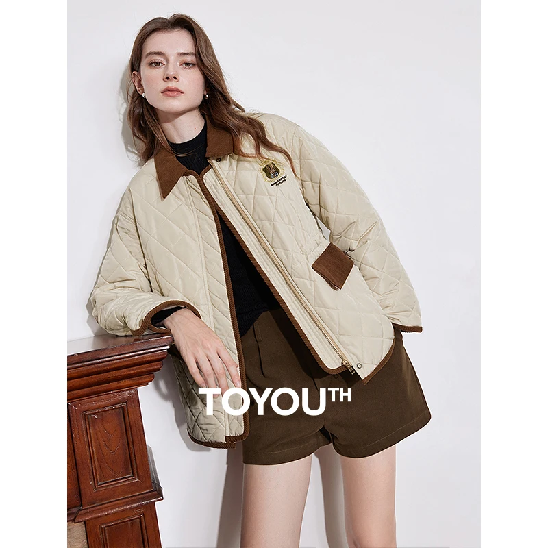 TOYOUTH Women Cotton Jacket 2024 Winter Corduroy Contrasting Color Splicing Turn Down Collar Zipper Slim Waist Outwear Jacket