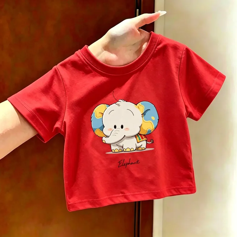 Cartoon Style Elephant Print Children's T-shirt New Fashion Trend Soft Skin Friendly Round Neck Parent-child Casual T-shirt