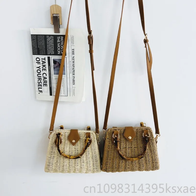 

Women's Woven Straw Shoulder Bag with Bamboo Handle Vintage Convertible Crossbody Beach Summer Boho Daily