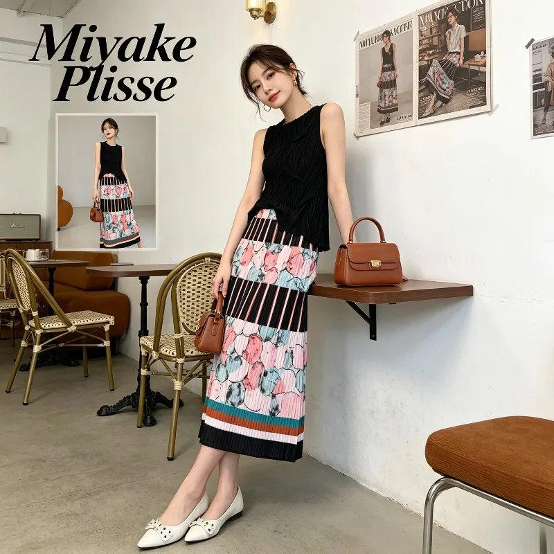 Miyake Pleated 2026 Summer New Art Graffiti Print Pleated Skirt Women High Waist Slimming Straight Mid-Length One-Step Skirt