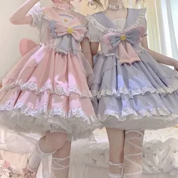 MAGOGO Kawaii Lolita OP Dress Women Sweet Bow Ruched Short Sleeve Party Mini Dress Japanese Harajuku Cute Girls Princess Dresses