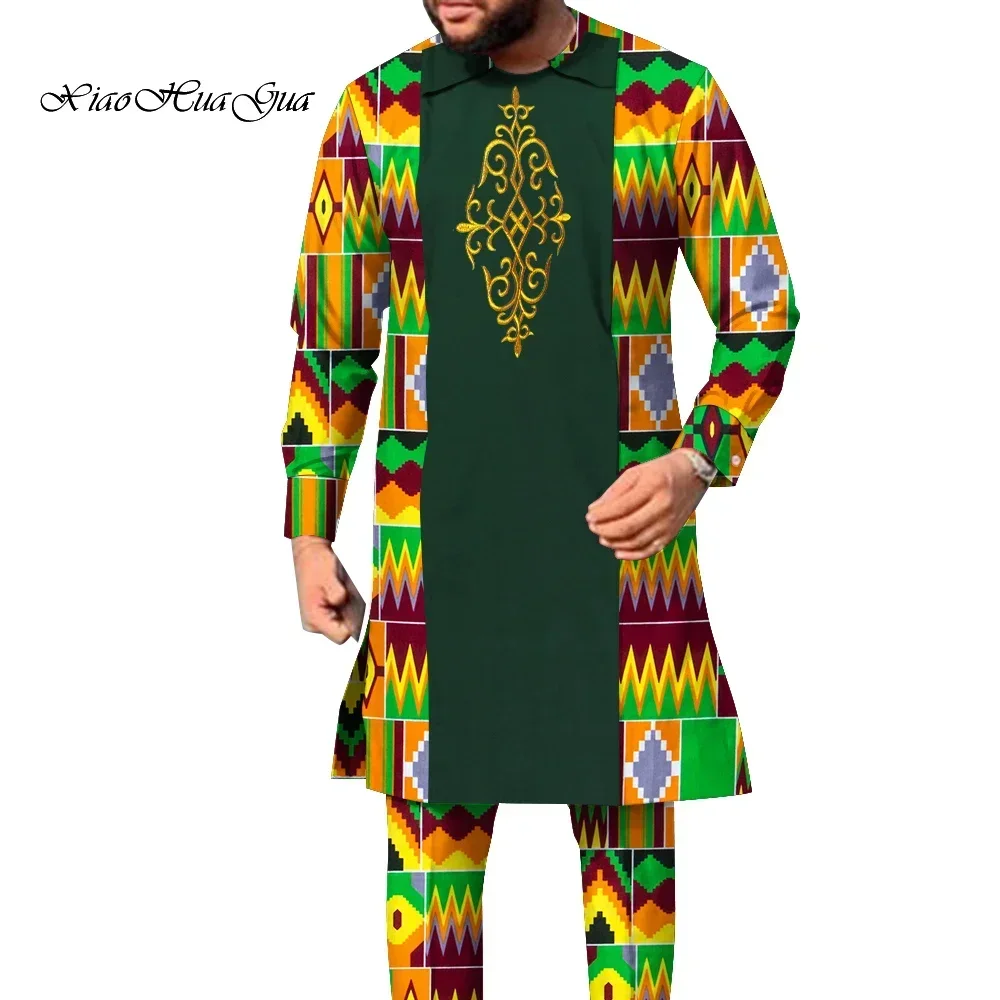 2 Pcs Set African Outfits for Men Long Sleeve Dashiki long Shirt and Pants African Print Clothing Patchwork Men Suit WYn1858