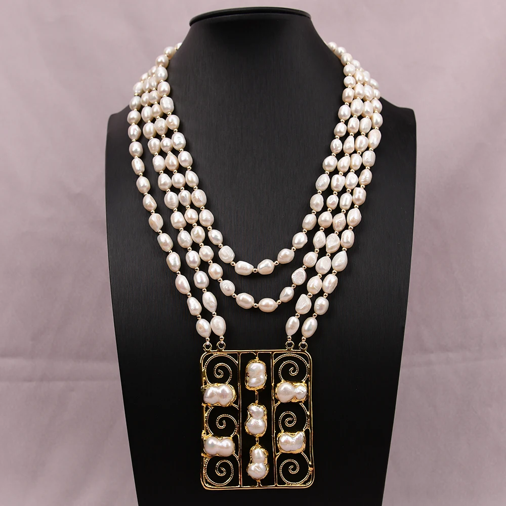 

Ожерелье G-G из 4 рядов пресноводного культивированного белого жемчуга Кеши с позолоченным крупным кулоном из двух жемчужин ручной работы для женщин