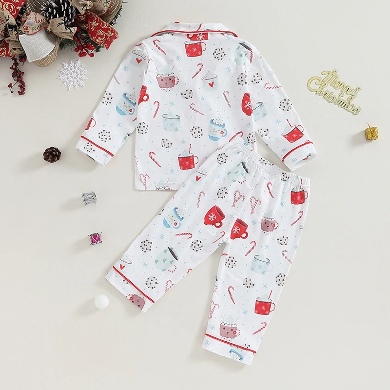 Suefunskry Kids Baby Christmas Sleepwear Outfits Snowflake Print Single-breasted Long Sleeve Tops Pants Pajamas Set Homewear