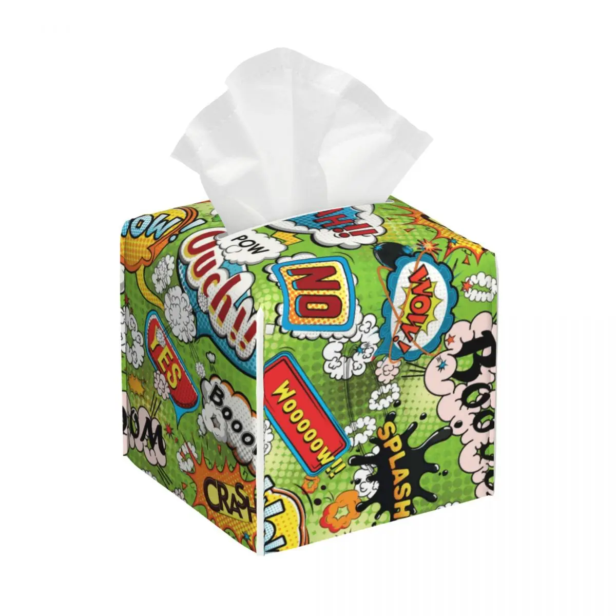Custom Funny Comics Speech Bubbles Tissue Box Cover for Bathroom Car PU Leather Square Facial Tissue Box Holder